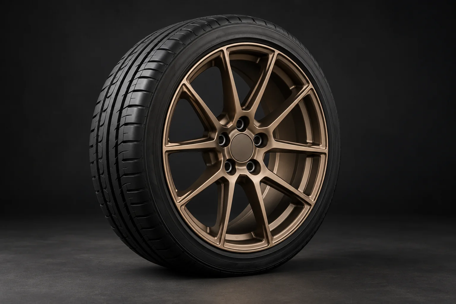 Illustrative bronze alloy wheel and tire in a dark studio